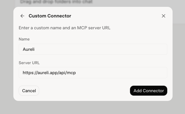 The Custom Connector form in Grok filled in with the name Aureli and the Aureli MCP server URL