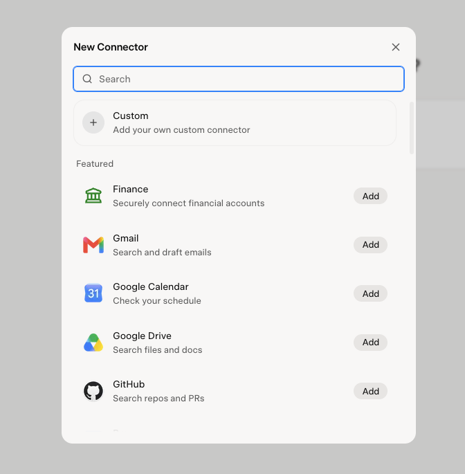 The New Connector dialog in Grok with the Custom option at the top of the list